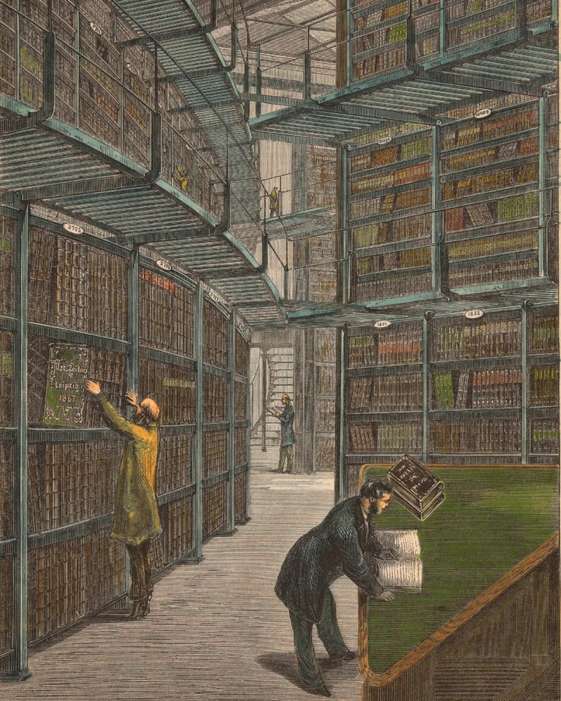 Victorian archival library with researchers consulting tall shelves of records