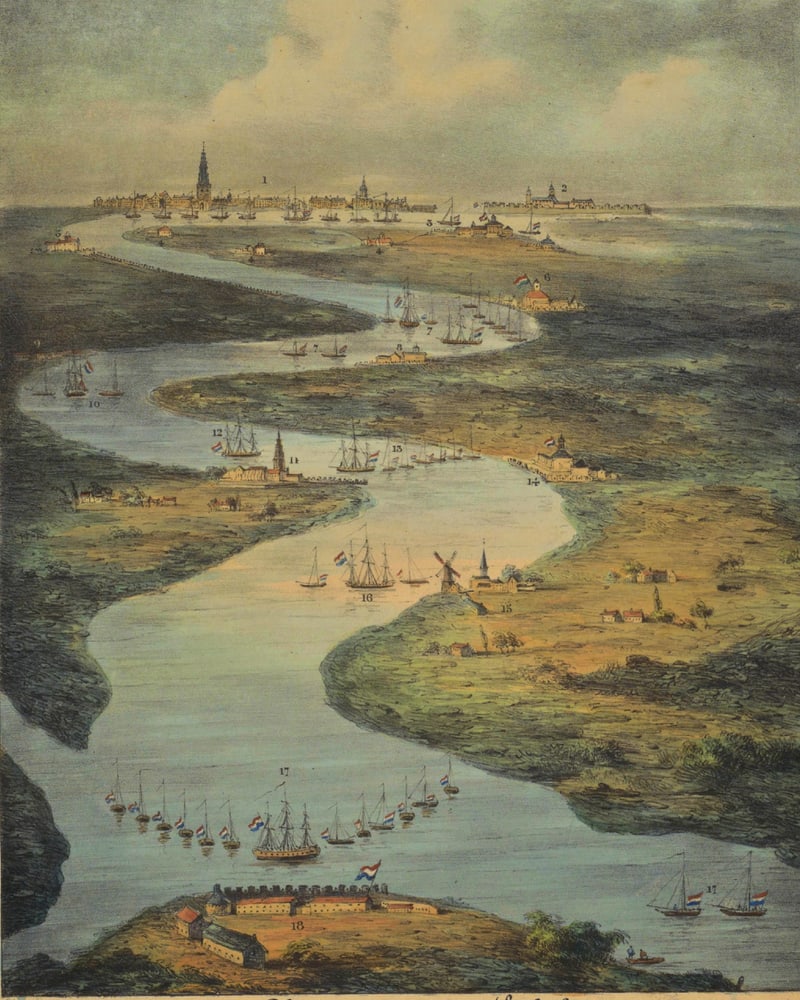 Historical maritime trade scene — a winding river with tall ships approaching a port city